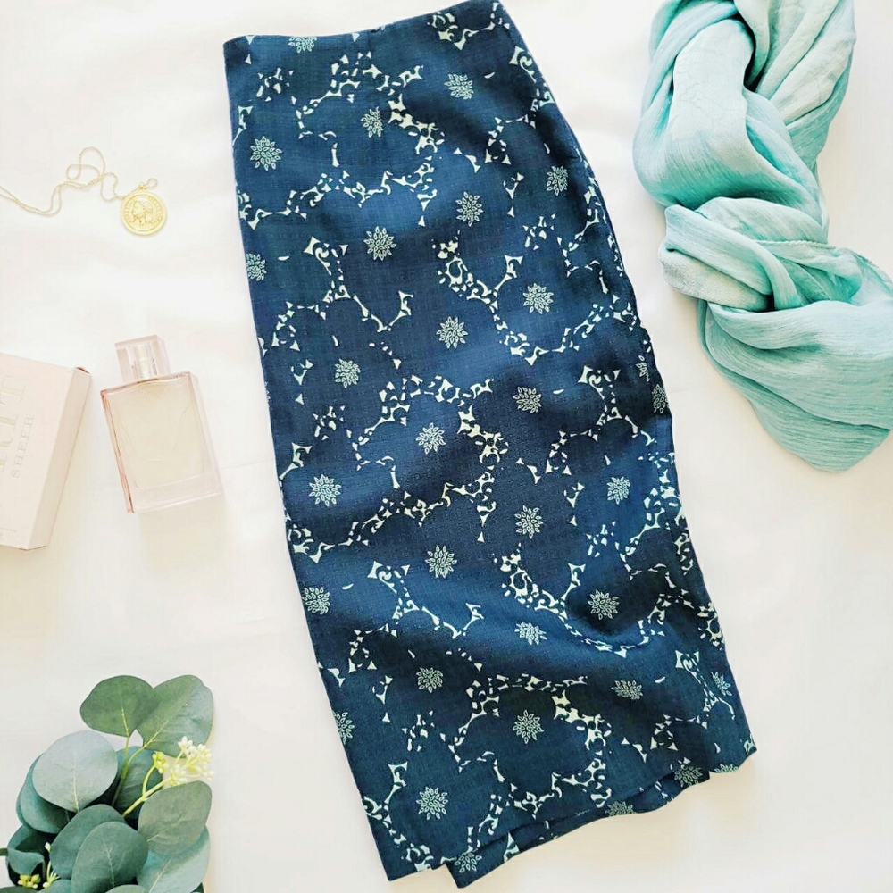 Loft Blue Green Floral Print Silk Skirt